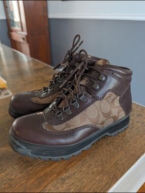 Coach Brown Signature Canvas Leather Hiking Boots Hannah 6.5
